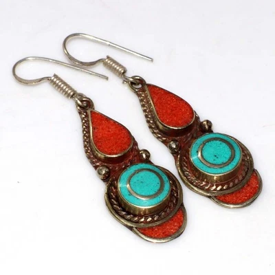Pendientes de piedras preciosas tribales nepalíes coral rojo turquesa tibetano 23 gms 2,2" JW Foto 1 de 3