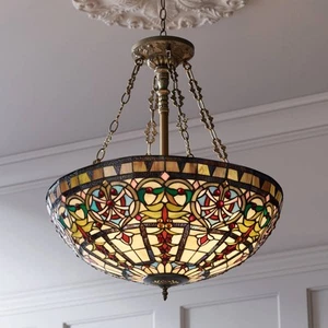 Bronze Tiffany Pendant Chandelier 24" Ornamental Stained Glass Bowl for Kitchen - Picture 1 of 7
