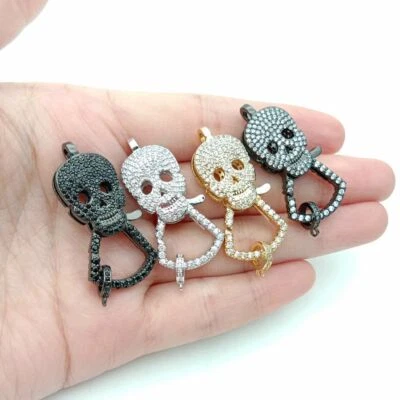 lobster clasp 24x42mm 18k gold Filled cubic zirconia micro pave Skull clasp - Image 1 of 3