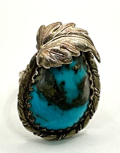 CV07 Navajo 925 Sterling Silver And Turquoise Leave Ring Size 6.5 - Picture 1 of 8
