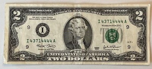 2003 US $2 Two Dollar Bill ~ I 43714444 A QUAD FANCY Serial Number 5-of-a-kind - Picture 1 of 3