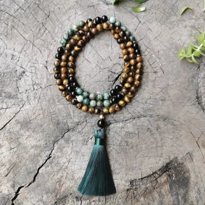 Collar con borla de cuentas de piedra ojo de tigre obsidiana turquesa africana 108 cuentas Mala Foto 1 de 3