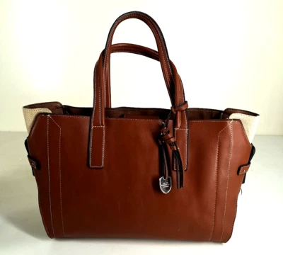 London Fog Shoulder Bag Brown PU Leather & Canvas Inner Pockets Tote 15x12x5 - Image 1 of 4