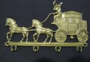 Vintage Solid Brass Stagecoach & Horses Key Hook Rack Circle M BFL Maker's Mark - Picture 1 of 8