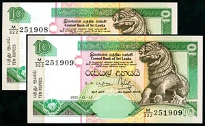 Banknotes Sri Lanka 10 Rupee - 2001 : 2 notes in sequence UNC, Ceylon - Picture 1 of 3