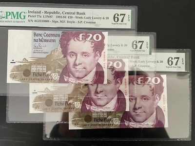 RARE Consecutive Triple Ireland 20 pounds P77a Irish Irland 13.12.93 PMG67 EPQ - Image 1 of 4