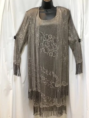 Vestido y chaqueta de encaje de malla gris/plateado con flecos aleta S/M disfraz noche Foto 1 de 4