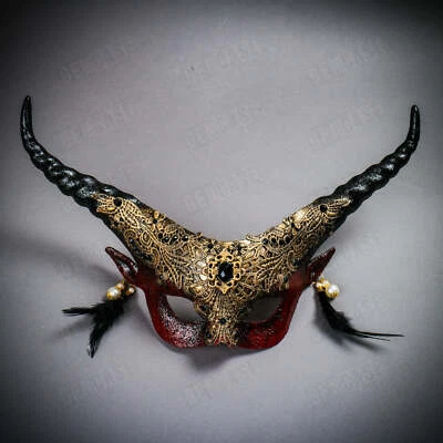 Halloween Women Masquerade Lace Eye Mask Bloody Red Devil Horns Venetian Costume - Image 1 of 4