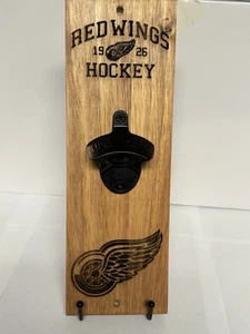 Detroit Red Wings Wall Bottle Opener Cherry Pine Wood Laser Engraved Magnet - Picture 1 of 4