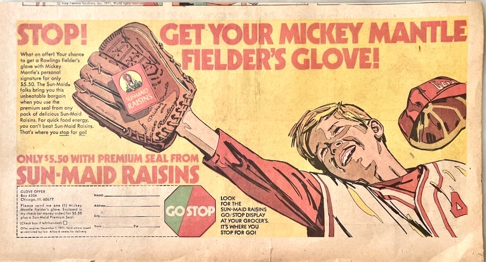 1971 newspaper comic section ad for Sun Maid Raisins - Mickey Mantle Glove Offer - Image 1 of 1