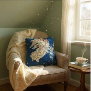 Almohada de Navidad Vintage Lana Azul Punta de Aguja Ángeles Vacaciones 10 Pulgadas - Imagen 1 de 7