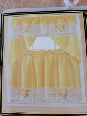 Juego de cortinas bordadas de 3 piezas: 2 niveles y cenefa Swag girasol amarillo Foto 1 de 4