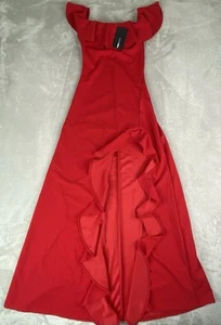 NWT Fashion Nova Chasing Love Red Ruffle Long Dress Size Small Leg Slit - Picture 1 of 7