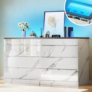 8 Drawer Dresser LED Deep Drawers Glass Top High Gloss Surface White Marble - Picture 1 of 7