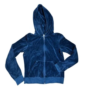 Vtg Women's Juicy Couture Royal Crest Full Zip Velour Hoodie Navy Size M HOLE - Picture 1 of 16