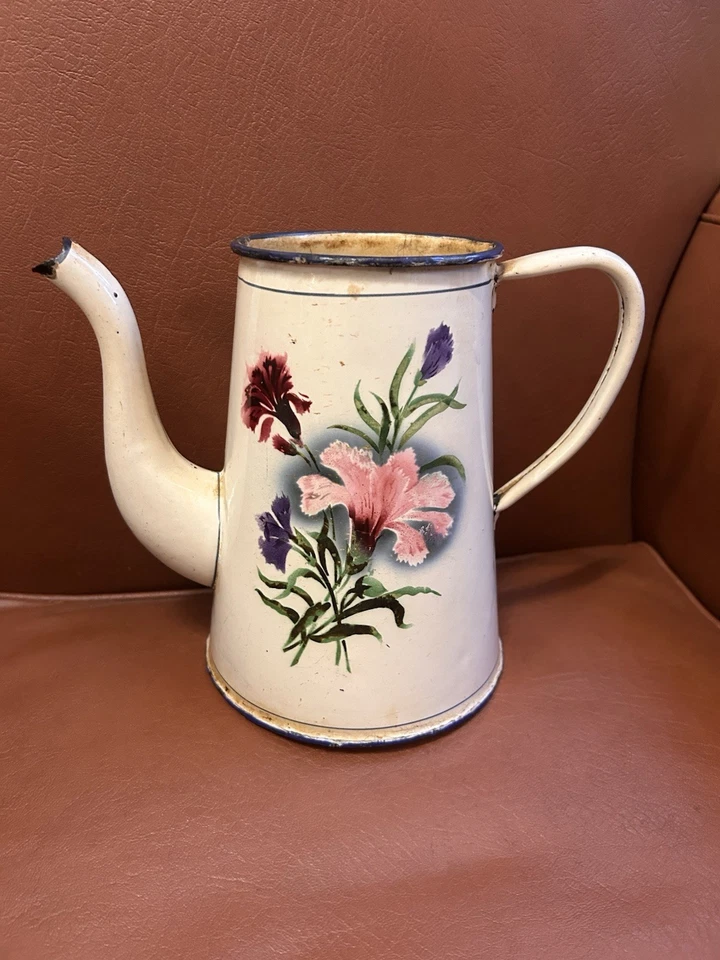 Cafetière émaillée ancienne décor fleurs - Photo 1/4