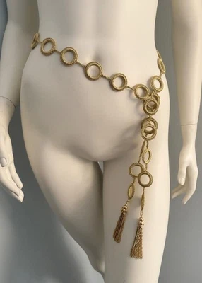 De Colección Años 60 70 Tubo Dorado Cuentas Brillante Círculo Anillo Cadena Cinturón Borlas Boho Hippie Foto 1 de 4