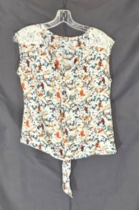 eyeshadow - Sleeveless Blouse with Bird Print - Bottom Tie and Lace Trim - M - Picture 1 of 2