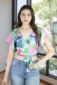 Artyska Women's Summer V-Neck Flutter Sleeve Tie Knot Wrap Crop Top - Picture 1 of 7