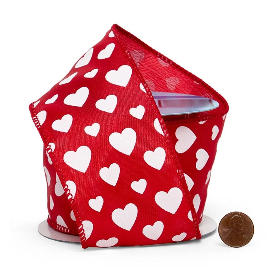 Hearts On Red Satin Wired Ribbon - 2 1/2in. Wide x 10 Yard Spool (56122003) - Image 1 of 1