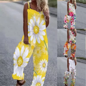 Womens Printed Dungarees Jumpsuits Trousers Ladies Playsuit Overalls Baggy Pants - Picture 1 of 14