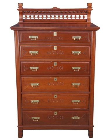 Antique Victorian Eastlake Cherry Tallboy Dresser Chest of Drawers Backsplash Cover