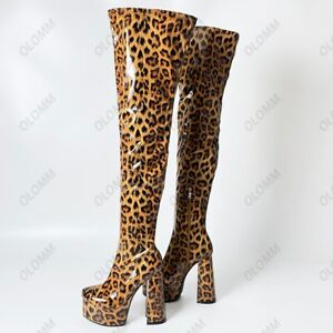 Women Platform Thigh Boots Chunky Heel Round Toe Violet Party Shoes US Size 5-15