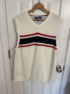 Maglione vintage Tommy Hilfiger uomo bianco maglia cavo gilet scollo a V grande preppy anni 90 - Foto 1 di 8