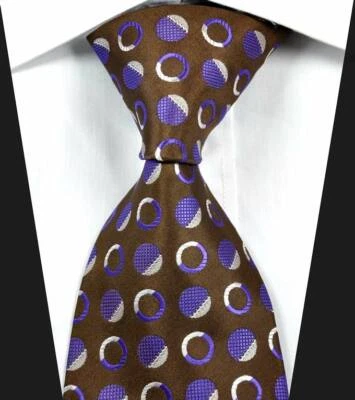 热销! 图案圆点棕色紫色白色提花织布 100% 真丝男式领带 — 第 1/2 张图片