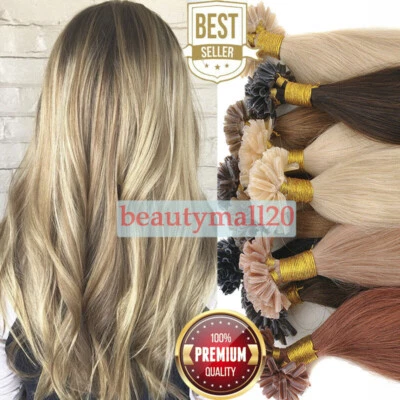 Italian Keratin Glue Fusion Nail U Tip Remy Human Hair Extensions Double Drawn1g - Image 1 of 4