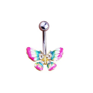1 - 14 GA 3/8" Pink Aqua Butterfly CZ Mix Belly Button Navel Ring Dangle B631 - Picture 1 of 4