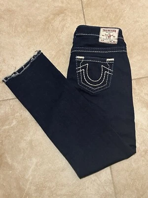 TRUE RELIGION BILLIE LOW RISE SUPER T STRAIGHT JEAN 29x29 BLUE THICK STITCH CROP - Image 1 of 4