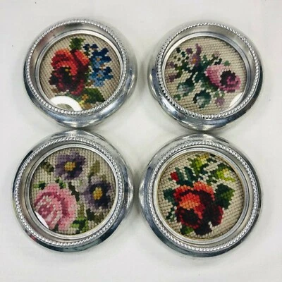 Juego de 4 posavasos florales con marco de vidrio y metal cosidos a mano Foto 1 de 4