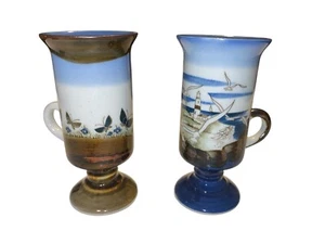 Vintage Paar Otagiri Kaffeebecher mit Fuß Leuchtturm & Schmetterlinge - Bild 1 von 4