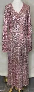 Vestido Melloday Midi Rosa Lentejuelas Manga Larga Elegante Boda NUEVO Mujer Grande - Imagen 1 de 17