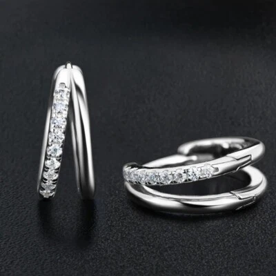 Real Moissanite Huggie Hoop Earrings Double Loop 925 Silver Solid 18K White Gold - Image 1 of 4
