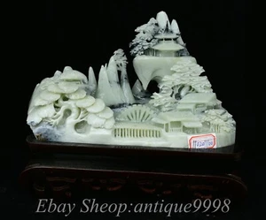 13.3'' Chinese Natural Xiu Jade Landscape Waterwheel Bridge Tree Pavilion Statue - Picture 1 of 13