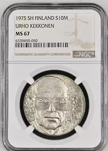1975 SH FINLAND SILVER 10 MARKKAA URHO KEKKONEN - NGC MS 67 - Picture 1 of 4