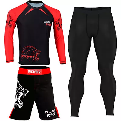 ROAR New MMA Kick Boxing Shorts BJJ Rash Guard Compression Legging No Gi Gym Set - Image 1 of 4