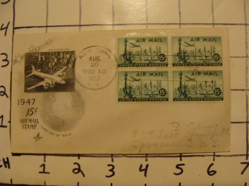Vintage Envelope FIRST DAY OF ISSUE: aug 20, 1947 15cent Air Mail stamps - Image 1 of 1
