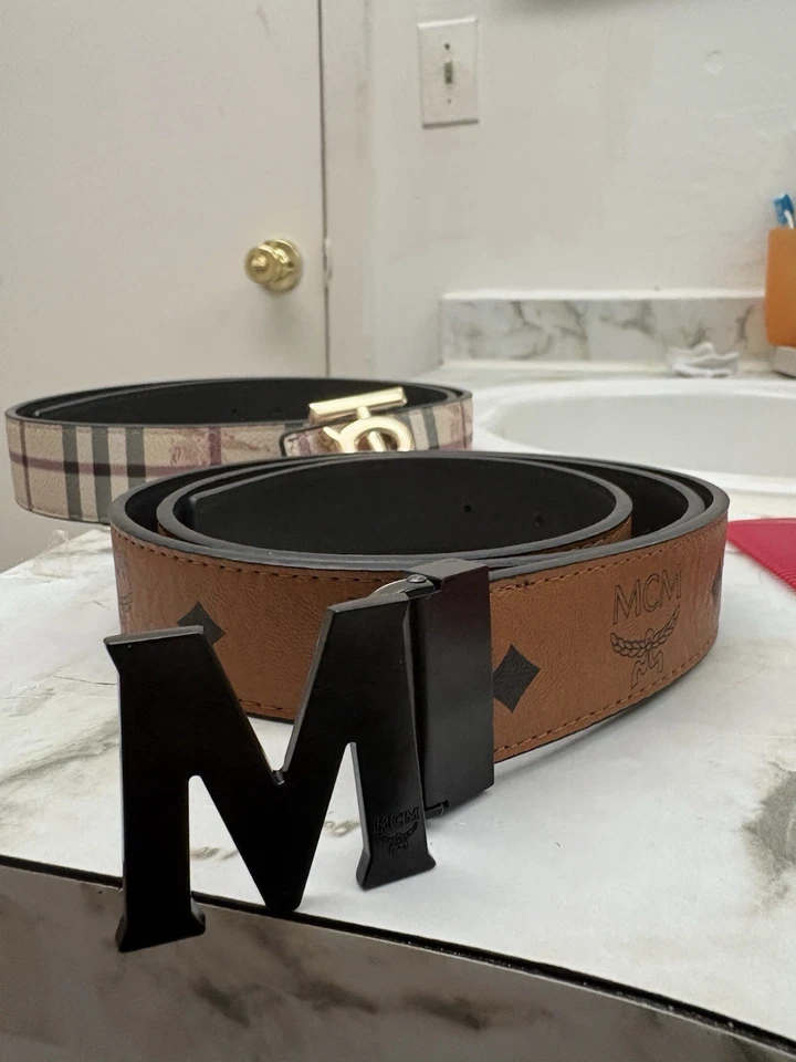 M CM  Monogram Logo Brown Leather Belt - Image 1 of 4