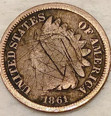 1861 Indian Head Cent - Penny - 1C - Grade G/VG - #14055 - damaged  - Image 1 of 4