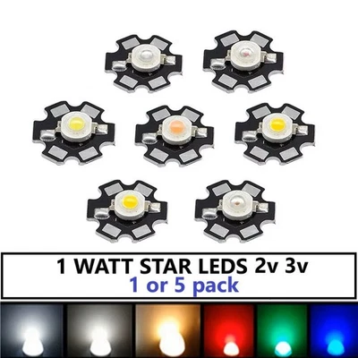 1 or 5pcs 1 WATT High Power LED with heatsink lots of colours 2v 3v