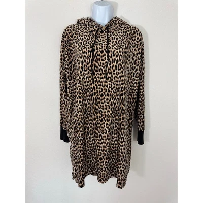 Betsey Johnson Leopard Print Hoodie Dress Medium Long Sleeve Cozy Lounge Tunic - Image 1 of 4