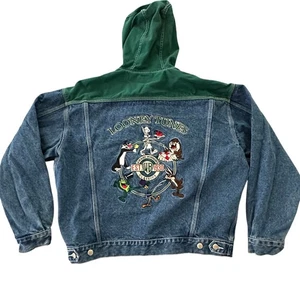 Vintage Looney Tunes Jeansjacke mit Kapuze Large Warner Bros blau grün 1995 - Bild 1 von 16
