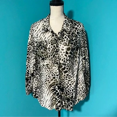 Jones New York 2X Brown Animal Print Casual Long Sleeve Button Down Top Cotton - Image 1 of 4