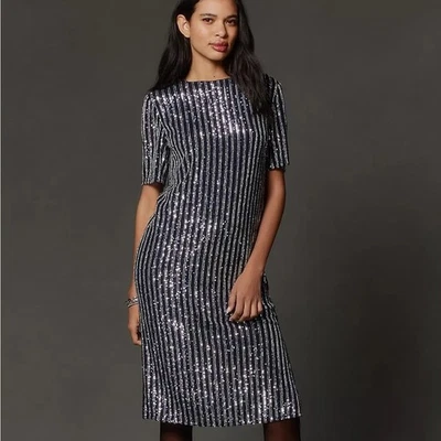NWT Anthropologie Flat White Short-Sleeve Sequin Stripe Midi Dress Size Small - Image 1 of 4