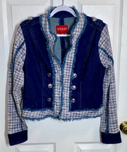 GUESS Runway Denim Tweed Jacke Damen Large Fransen Blau Jeans Cropped - Bild 1 von 13