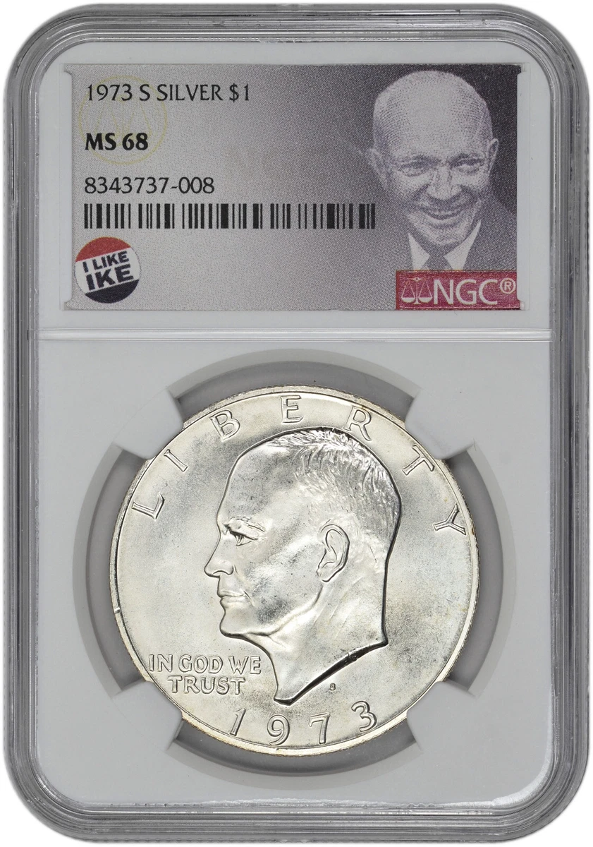 1973 S $1 Silver Ike Dollar NGC MS 68 with Exclusive Label and New