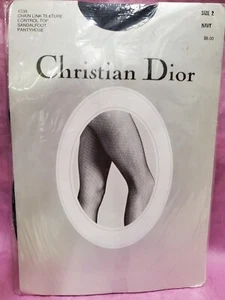 Vtg Christian Dior Pantyhose Sz 2  Chain Link Texture Navy Blue Nylons  NOS HTF - Picture 1 of 10